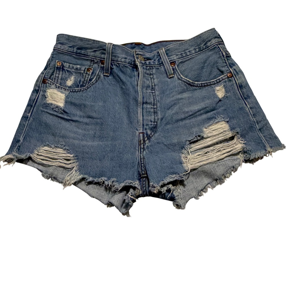 Levis 501 Original High Rise Distressed Denim Shorts Medium Wash W28